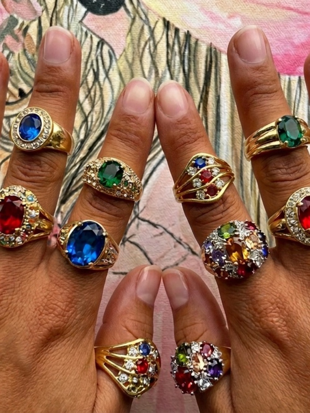 Gold Plated Multi-Gem Cocktail Ring - Green, Blue, Red Options